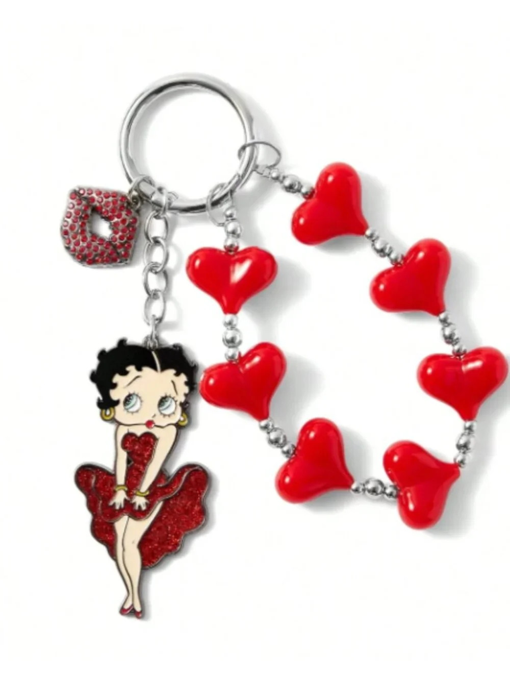 Betty Boop Rhinestone Heart Beaded Keychain Purse Charm Red Lip Bag Accessory